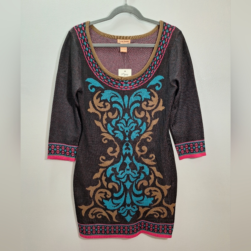 NWT FLYING TOMATO Multicolor Teal Pink Asymmetrical Midi Sweater Dress Medium - Picture 2 of 14